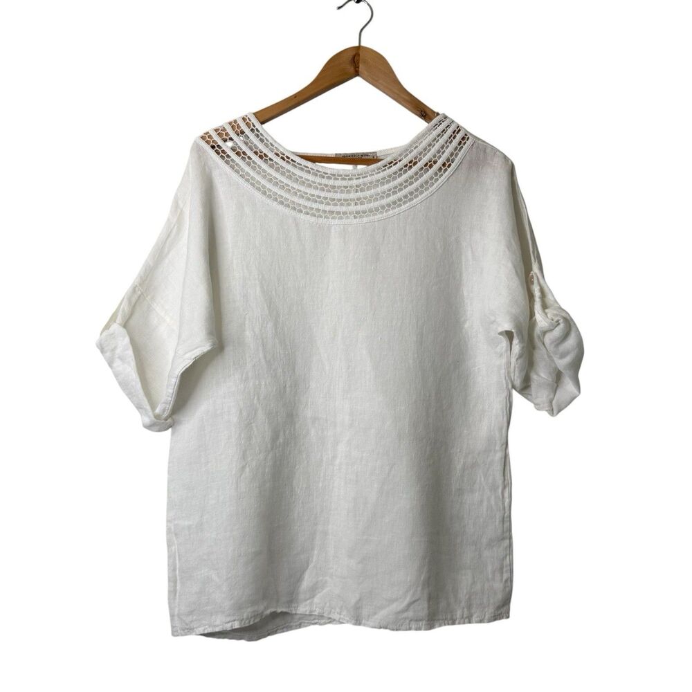 Francesca Bettini White 100% Linen Top Made In Italy Rolled Sleeve Coastal Small